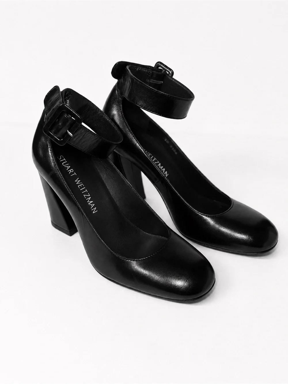 Stuart Weitzman Clarisa Black Leather Block Heel Pump Ankle-Strap Size 6